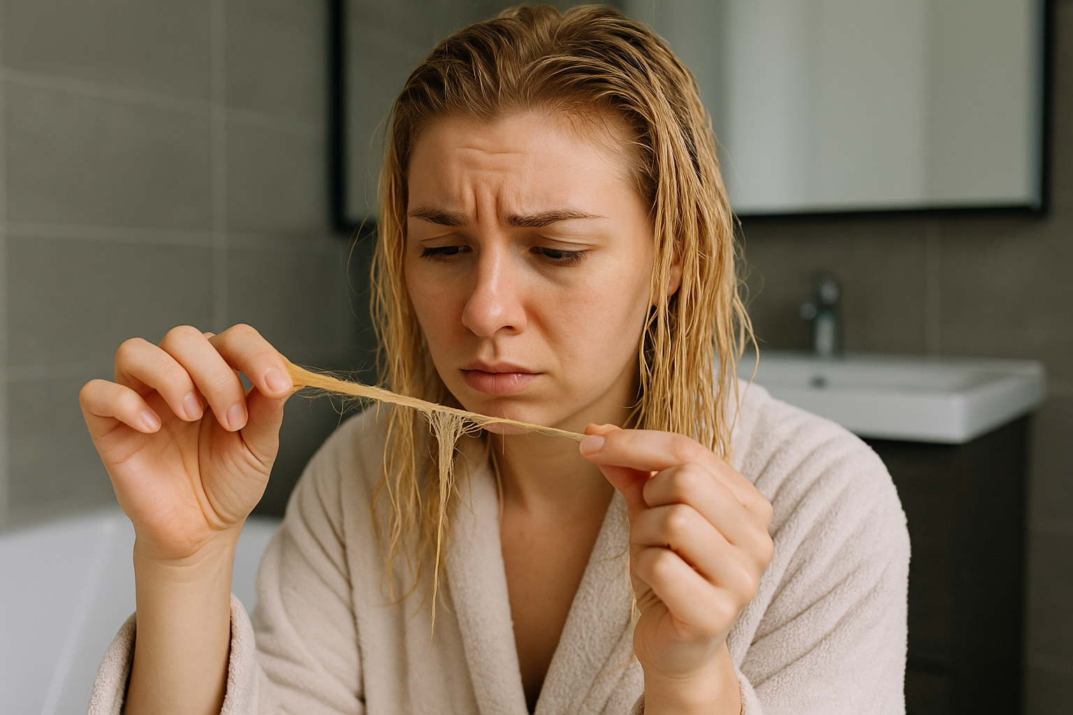 Uma pessoa com roupão de banho e cabelos molhados examina uma seção danificada do cabelo, parecendo preocupada, em um banheiro com uma pia e paredes de azulejos cinza ao fundo.