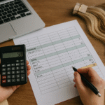 A person fills out a financial spreadsheet with categories for revenue, costs, and profit. A hand holds a black calculator showing the number 58. A laptop, folder, pen, and hair extensions are on the table.