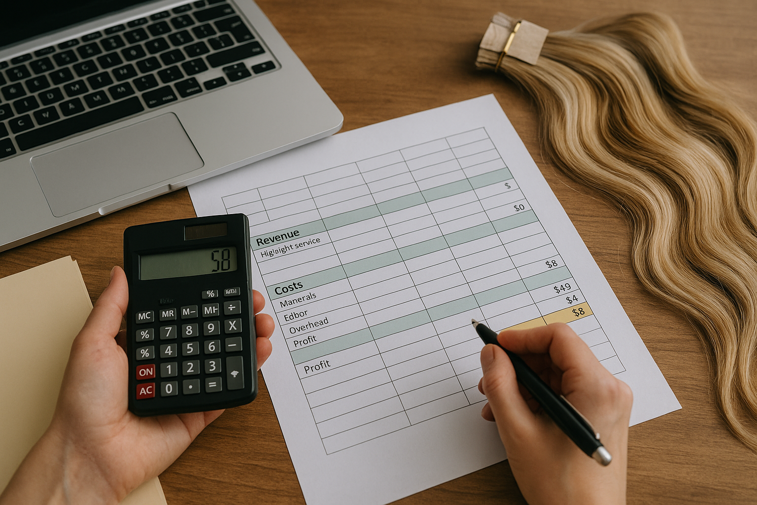 A person fills out a financial spreadsheet with categories for revenue, costs, and profit. A hand holds a black calculator showing the number 58. A laptop, folder, pen, and hair extensions are on the table.