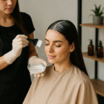 A woman with long dark hair sits with her eyes closed, wearing a salon cape, while a stylist in gloves applies a treatment to her hair using a brush and a small glass bowl. Shelves with plants and bottles are in the background.