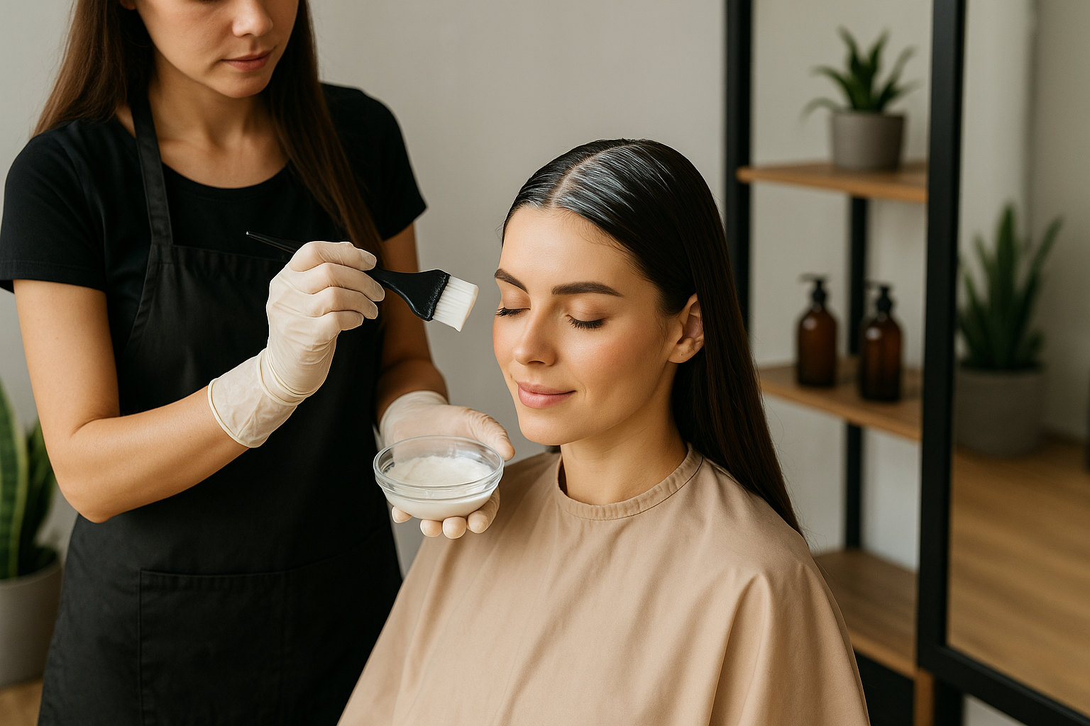 A woman with long dark hair sits with her eyes closed, wearing a salon cape, while a stylist in gloves applies a treatment to her hair using a brush and a small glass bowl. Shelves with plants and bottles are in the background.