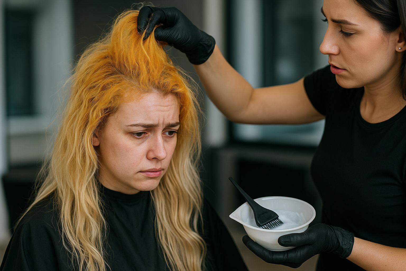 Uma pessoa com longos cabelos loiros e uma expressão preocupada está sentada enquanto outra pessoa usando luvas pretas examina seus cabelos e segura uma tigela com um pincel, provavelmente preparando tintura de cabelo.