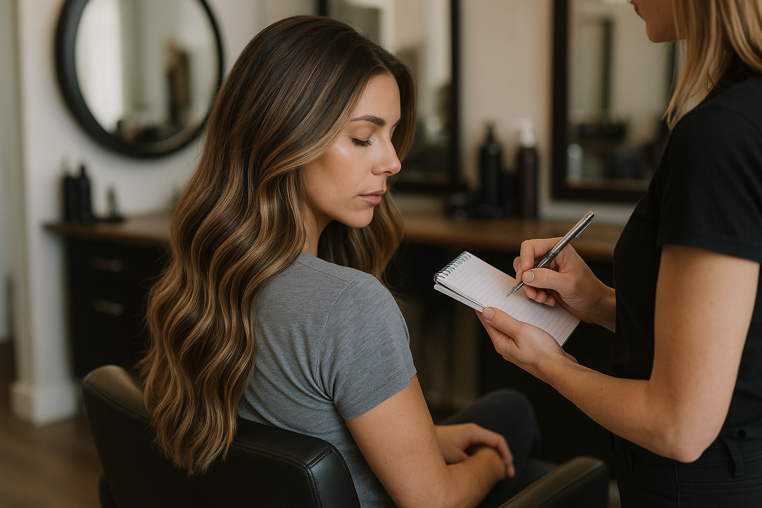 Uma mulher com longos cabelos ondulados senta-se em uma cadeira de salão, vestindo uma camiseta cinza, enquanto outra pessoa está próxima, escrevendo em um bloco de notas com uma caneta. Espelhos de salão e produtos para cabelo estão ao fundo.