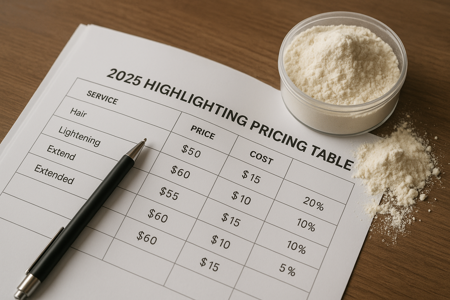 Uma caneta está apoiada em uma tabela de preços impressa em 2025, destacando serviços, preços e custos. Um recipiente de plástico com pó de cor clara está próximo, com um pouco de pó derramado sobre a superfície de madeira.