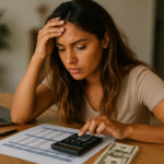 Uma mulher está sentada em uma mesa com um laptop, documentos financeiros e uma pilha de dinheiro, parecendo preocupada enquanto usa uma calculadora. Ela apoia a cabeça em uma das mãos e parece concentrada em seus cálculos.