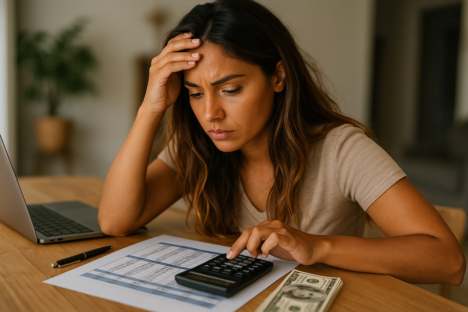 Uma mulher está sentada em uma mesa com um laptop, documentos financeiros e uma pilha de dinheiro, parecendo preocupada enquanto usa uma calculadora. Ela apoia a cabeça em uma das mãos e parece concentrada em seus cálculos.