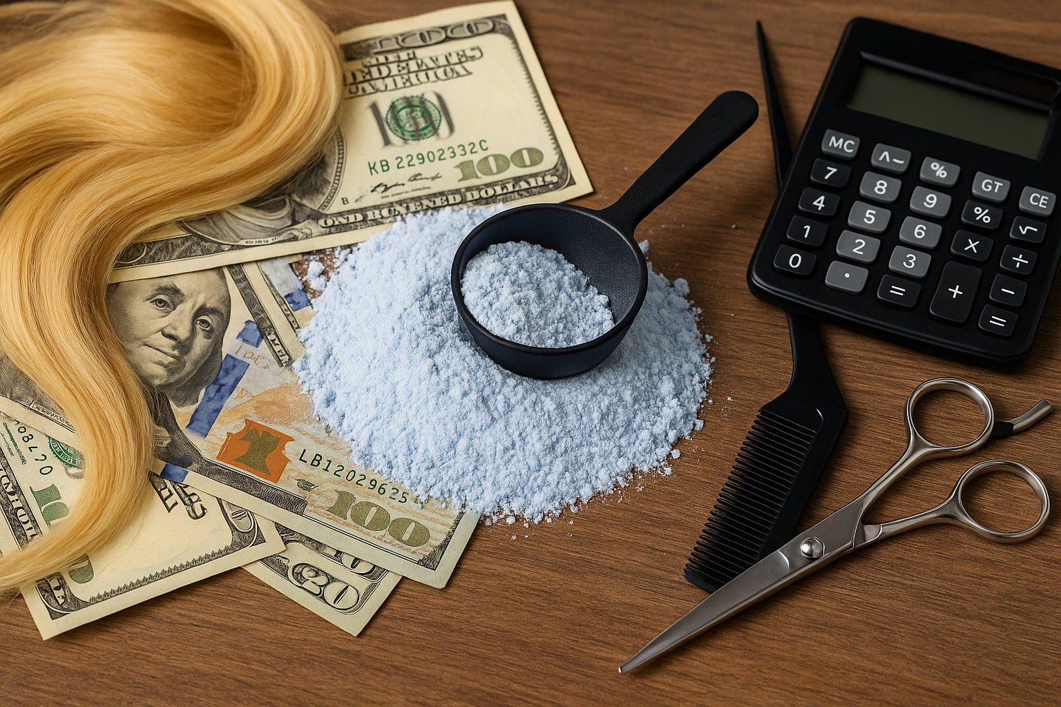 Uma pilha de pó descolorante de cabelo azul claro, uma colher de medida preta, uma extensão de cabelo loiro, notas de US$ 100, um pente preto, uma tesoura de cortar cabelo e uma calculadora em uma superfície de madeira.
