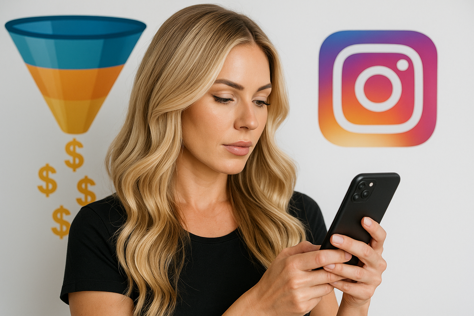 Uma mulher com longos cabelos loiros olha para seu telefone. Atrás dela, há ilustrações de um funil de marketing com cifrões e o logotipo do Instagram em uma parede branca.