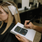 Uma mulher senta-se em uma cadeira de salão de beleza com lâminas no cabelo, enquanto outra pessoa está ao lado dela segurando um bloco de notas com uma calculadora e escrevendo com uma caneta. O ambiente do salão é visível ao fundo.