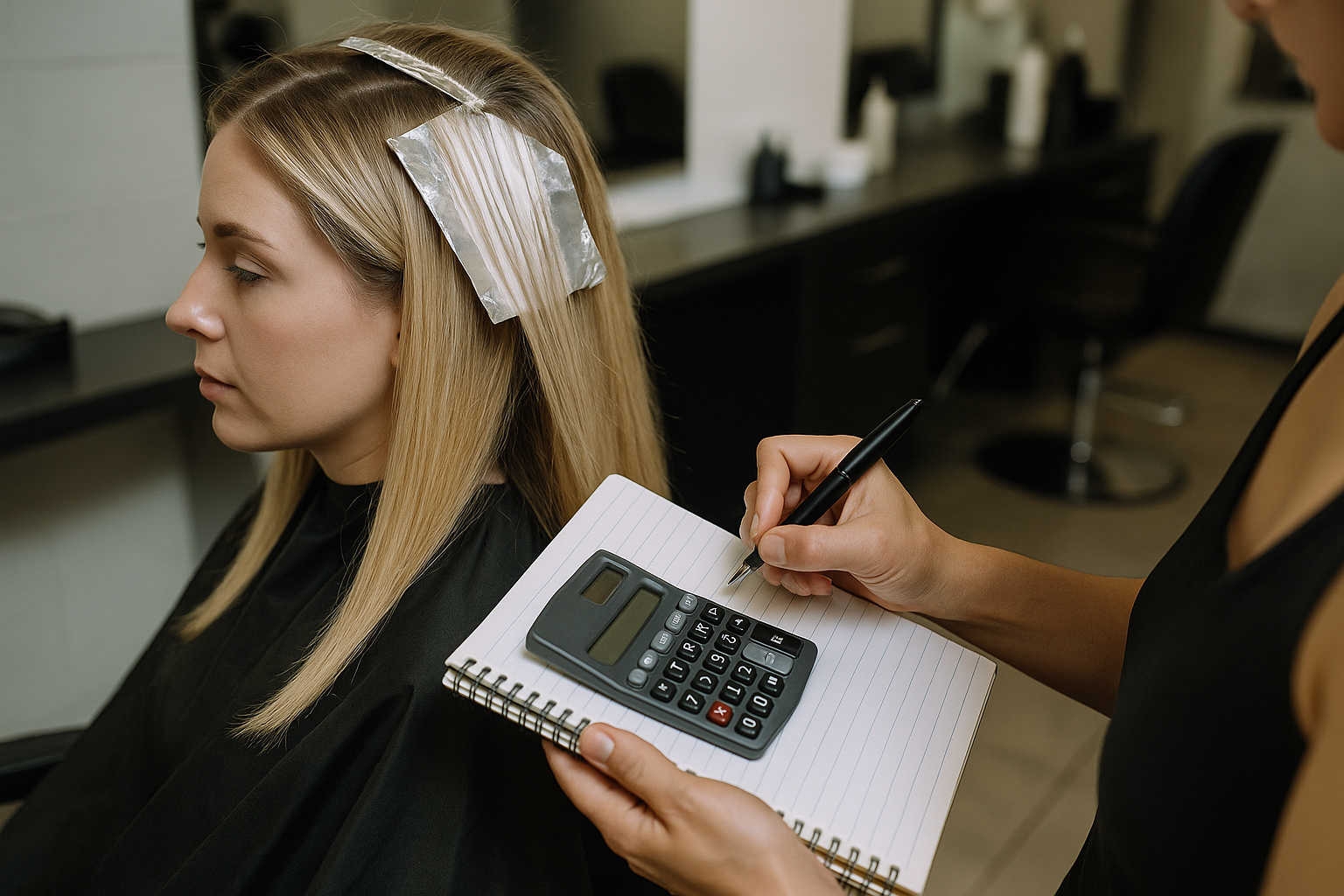 Uma mulher senta-se em uma cadeira de salão de beleza com lâminas no cabelo, enquanto outra pessoa está ao lado dela segurando um bloco de notas com uma calculadora e escrevendo com uma caneta. O ambiente do salão é visível ao fundo.