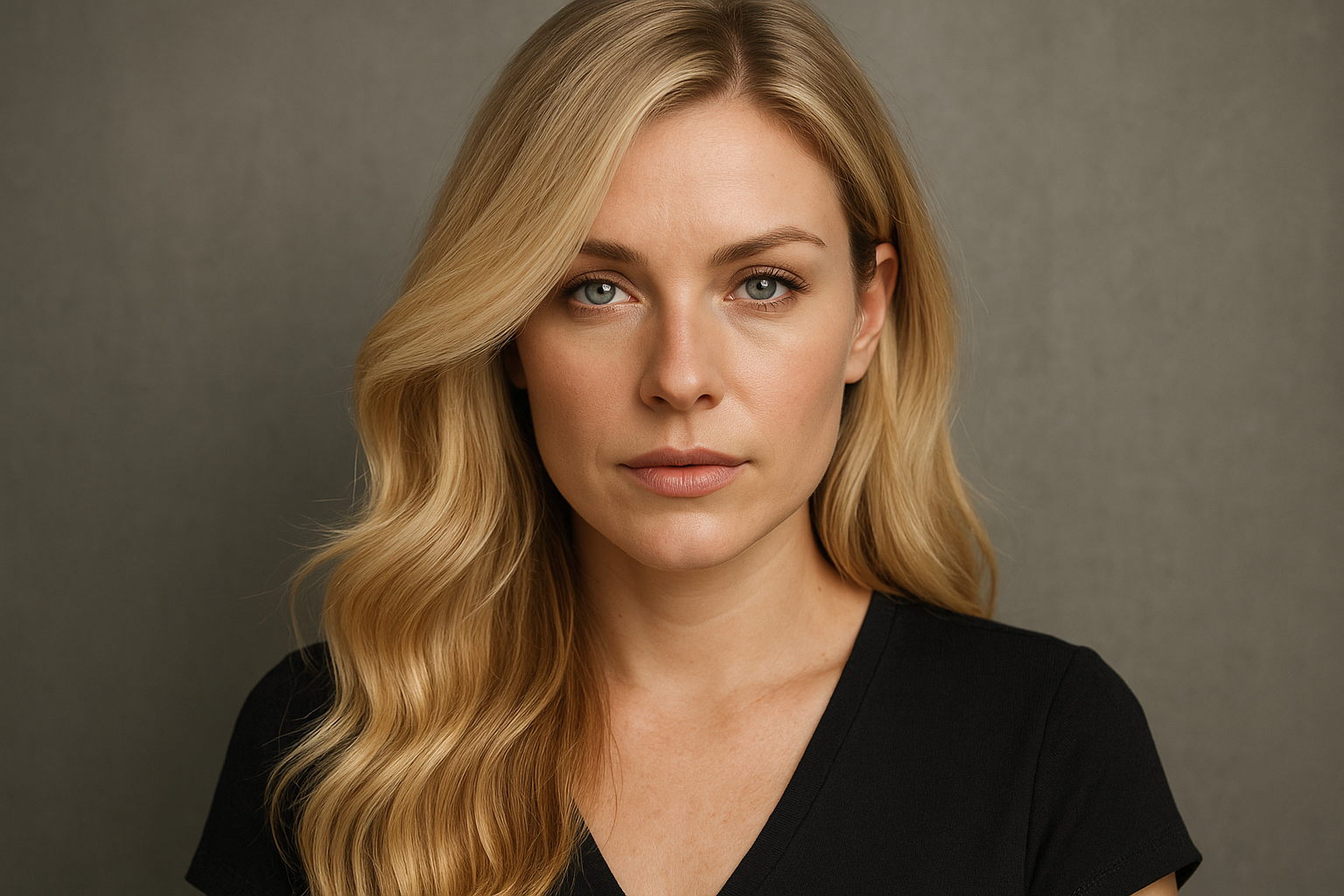 Uma mulher com cabelos loiros longos e ondulados, vestindo um top preto com decote em V, olha diretamente para a câmera com uma expressão neutra. O fundo é liso e cinza.