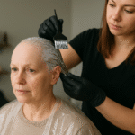 Uma mulher usando uma capa se senta enquanto outra mulher com luvas aplica tintura de cabelo em seu cabelo curto usando uma escova em um salão de beleza.