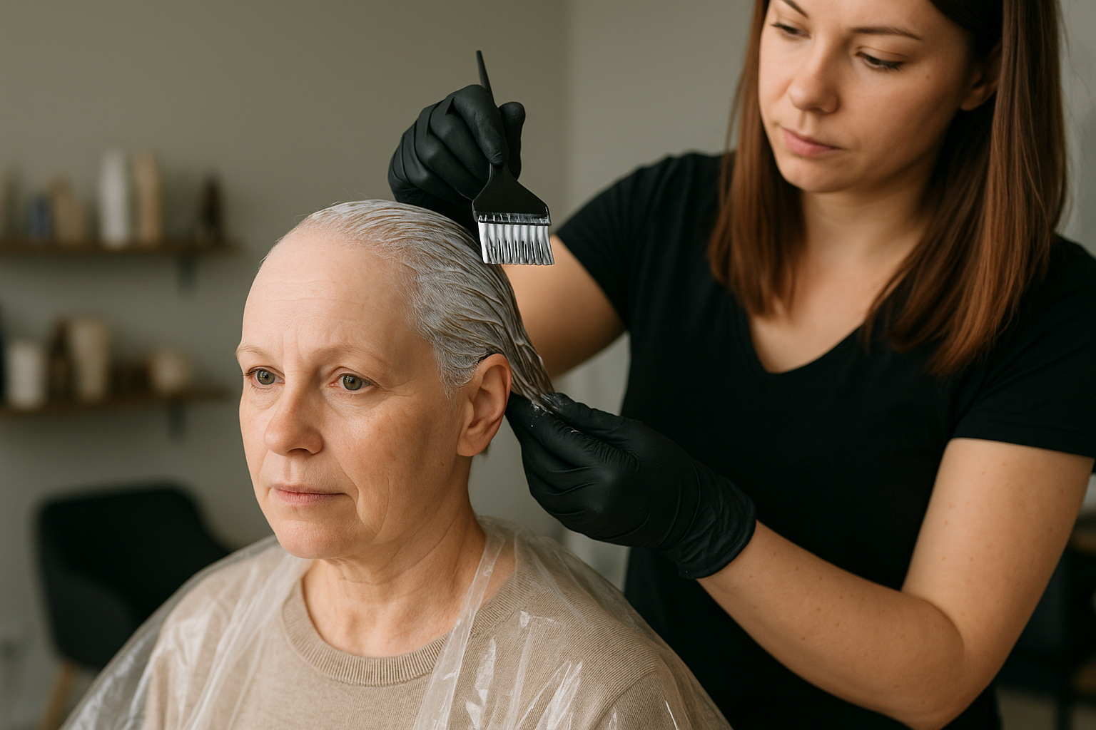 Uma mulher usando uma capa se senta enquanto outra mulher com luvas aplica tintura de cabelo em seu cabelo curto usando uma escova em um salão de beleza.