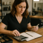 Uma mulher sentada em uma mesa usando uma calculadora enquanto segura dinheiro, com um caderno, uma caneta e um caixa aberto à sua frente. Prateleiras com garrafas são visíveis ao fundo.