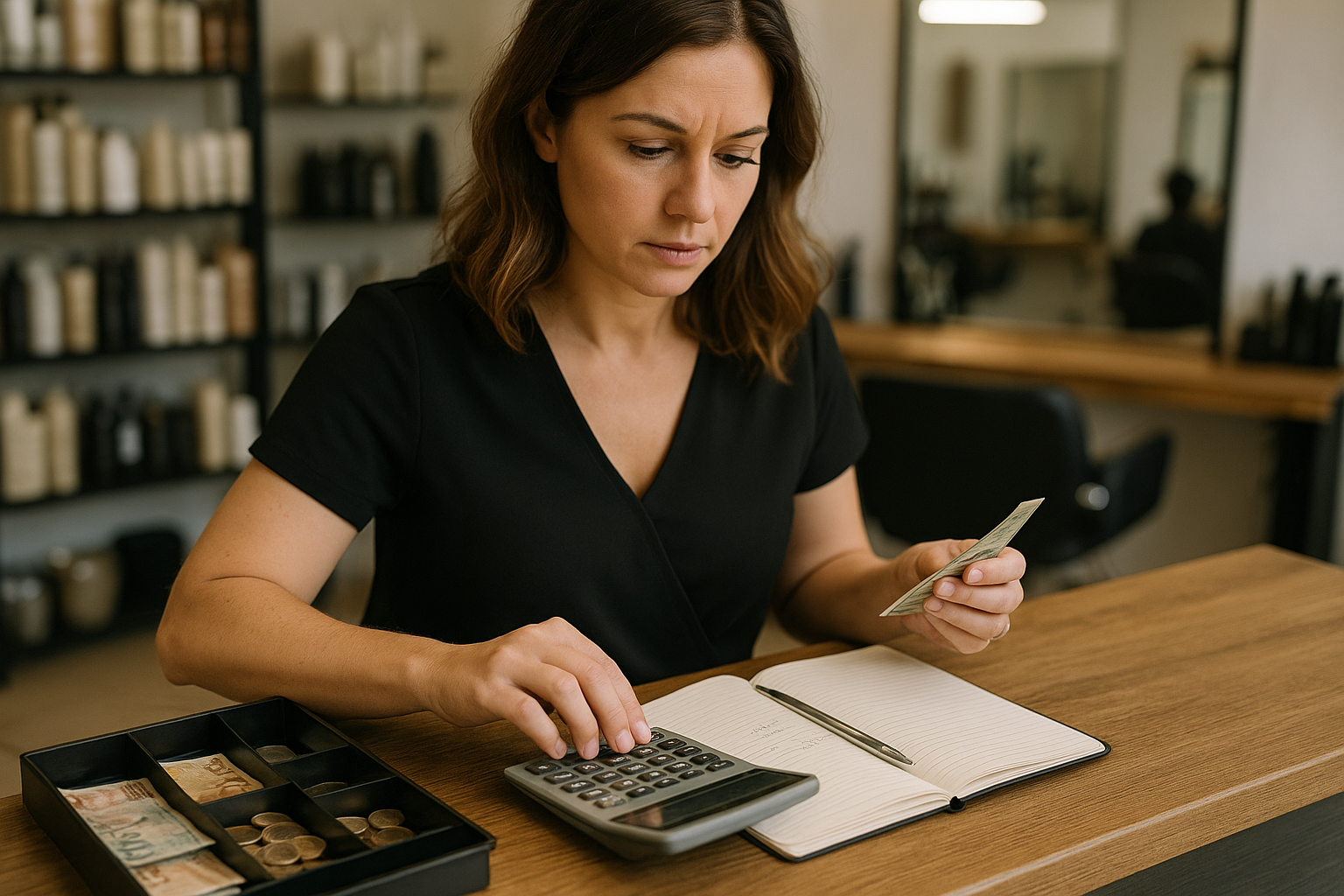 Uma mulher sentada em uma mesa usando uma calculadora enquanto segura dinheiro, com um caderno, uma caneta e um caixa aberto à sua frente. Prateleiras com garrafas são visíveis ao fundo.
