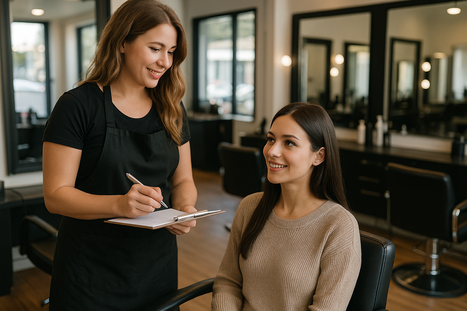 Um cabeleireiro em traje preto segura uma prancheta e uma caneta, sorrindo para uma mulher sentada com longos cabelos castanhos em um salão de beleza. As duas mulheres parecem estar discutindo algo, com cadeiras de salão e espelhos visíveis ao fundo.