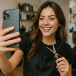 Uma mulher vestindo um avental preto está em um salão de cabeleireiro, sorrindo e segurando uma tesoura e um pente em uma mão enquanto tira uma selfie com seu telefone na outra mão. Prateleiras com produtos para cabelo são visíveis ao fundo.