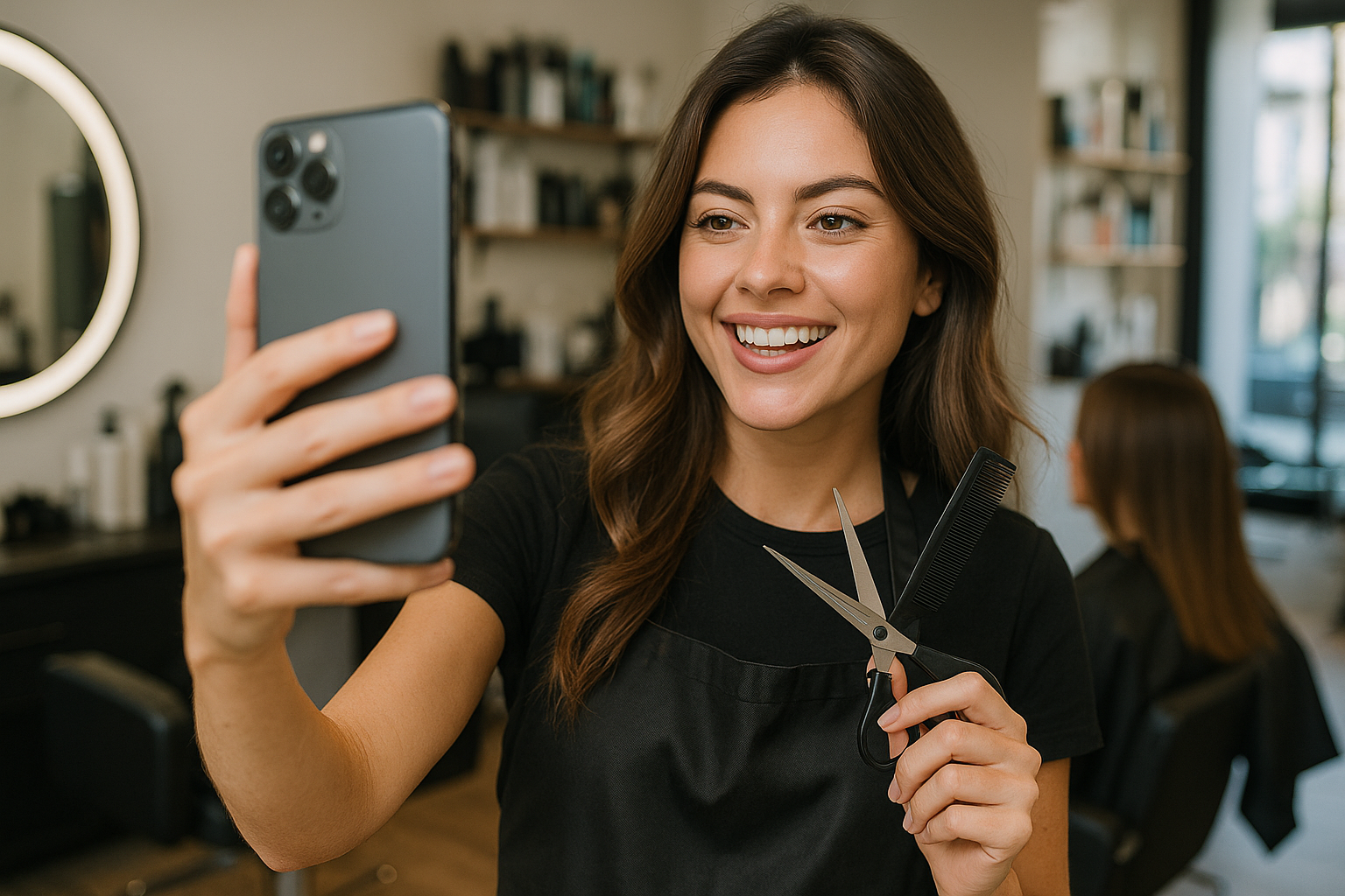 Uma mulher vestindo um avental preto está em um salão de cabeleireiro, sorrindo e segurando uma tesoura e um pente em uma mão enquanto tira uma selfie com seu telefone na outra mão. Prateleiras com produtos para cabelo são visíveis ao fundo.