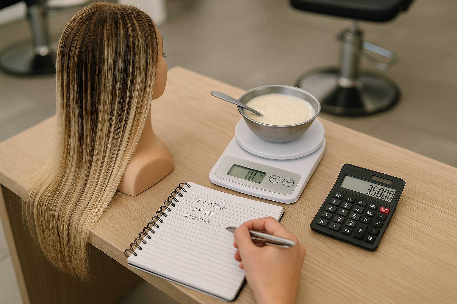 Uma pessoa faz anotações em um caderno ao lado de uma peruca, uma tigela de mistura em uma balança digital e uma calculadora em uma mesa de madeira em um salão de beleza.