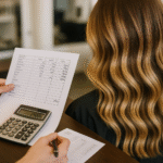 Uma pessoa com cabelos loiros longos e ondulados senta-se em uma mesa enquanto outra pessoa segura uma lista de preços impressa e usa uma calculadora, sugerindo uma discussão sobre custos ou serviços em um salão de beleza.