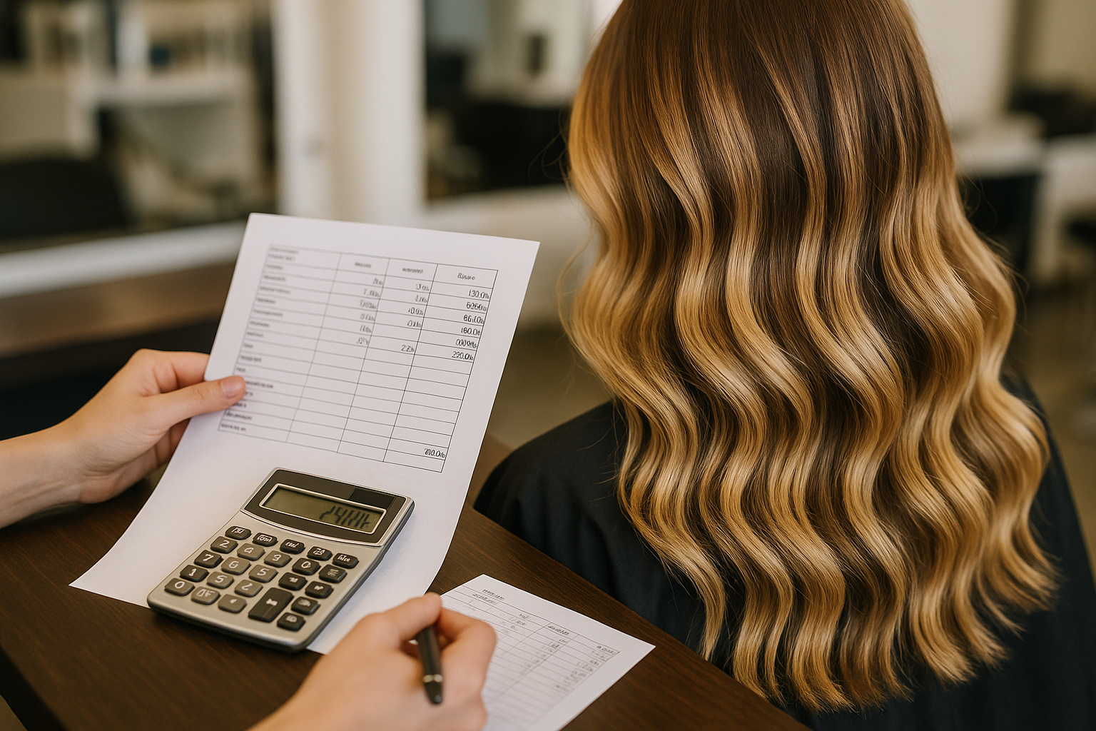 Uma pessoa com cabelos loiros longos e ondulados senta-se em uma mesa enquanto outra pessoa segura uma lista de preços impressa e usa uma calculadora, sugerindo uma discussão sobre custos ou serviços em um salão de beleza.