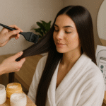 Uma pessoa em um roupão branco está sentada com os olhos fechados enquanto outra mão aplica o produto em seu cabelo longo e liso usando uma escova. Três frascos de tratamento capilar e uma tabela de cores de cabelo estão em uma mesa próxima.