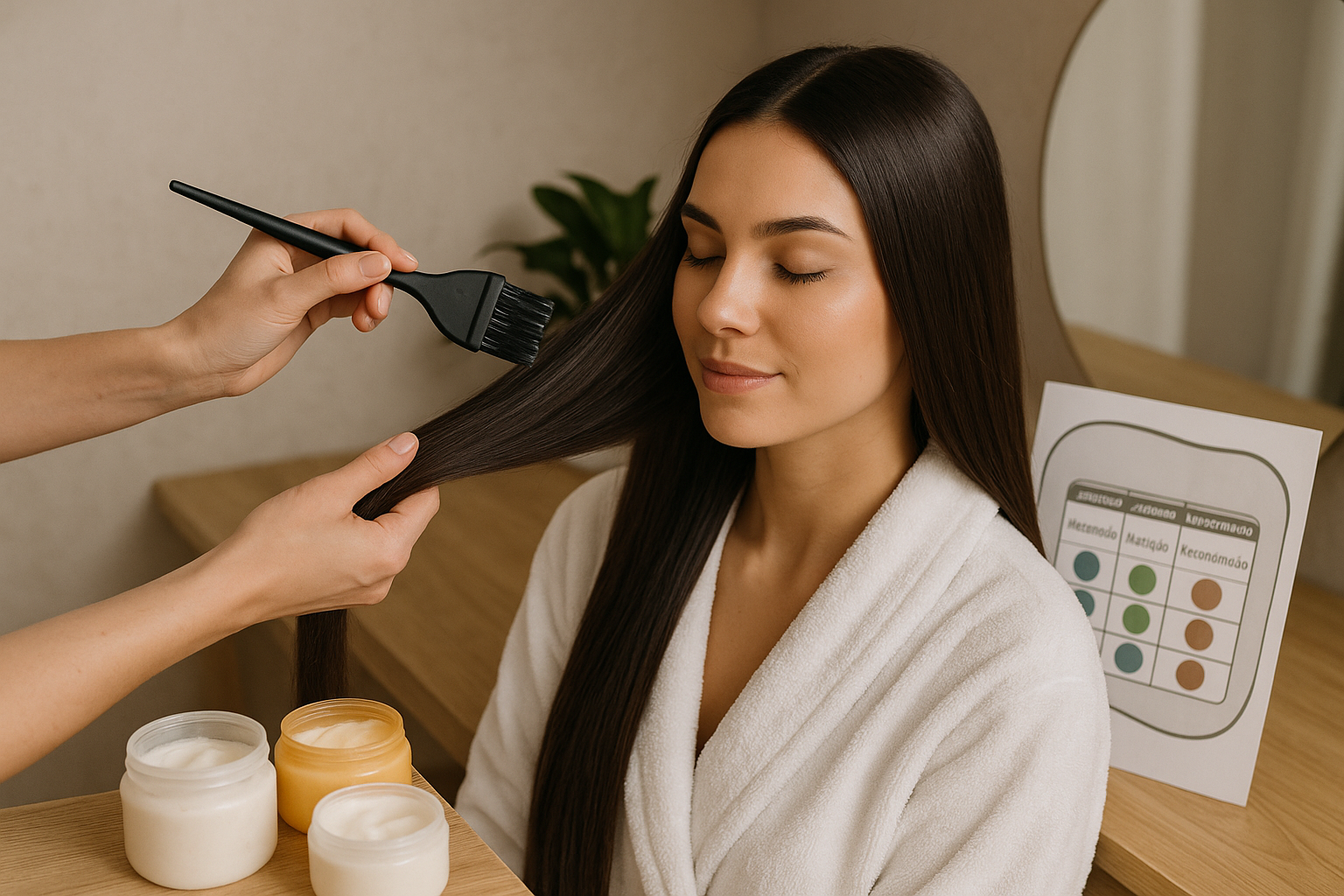 Uma pessoa em um roupão branco está sentada com os olhos fechados enquanto outra mão aplica o produto em seu cabelo longo e liso usando uma escova. Três frascos de tratamento capilar e uma tabela de cores de cabelo estão em uma mesa próxima.