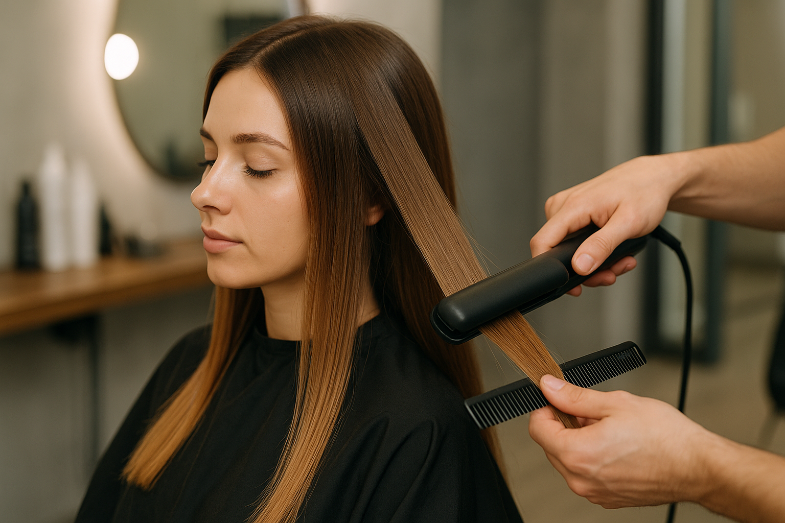 Uma pessoa com cabelo castanho liso senta-se em uma cadeira de salão com os olhos fechados enquanto um estilista usa uma chapinha e um pente para alisar seu cabelo. As prateleiras com produtos para cabelo estão visíveis ao fundo.