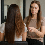 Um cabeleireiro examina o longo cabelo castanho de uma mulher sentada, observando uma diferença visível na textura entre as seções lisas e onduladas, em um salão de beleza com espelhos e prateleiras ao fundo.