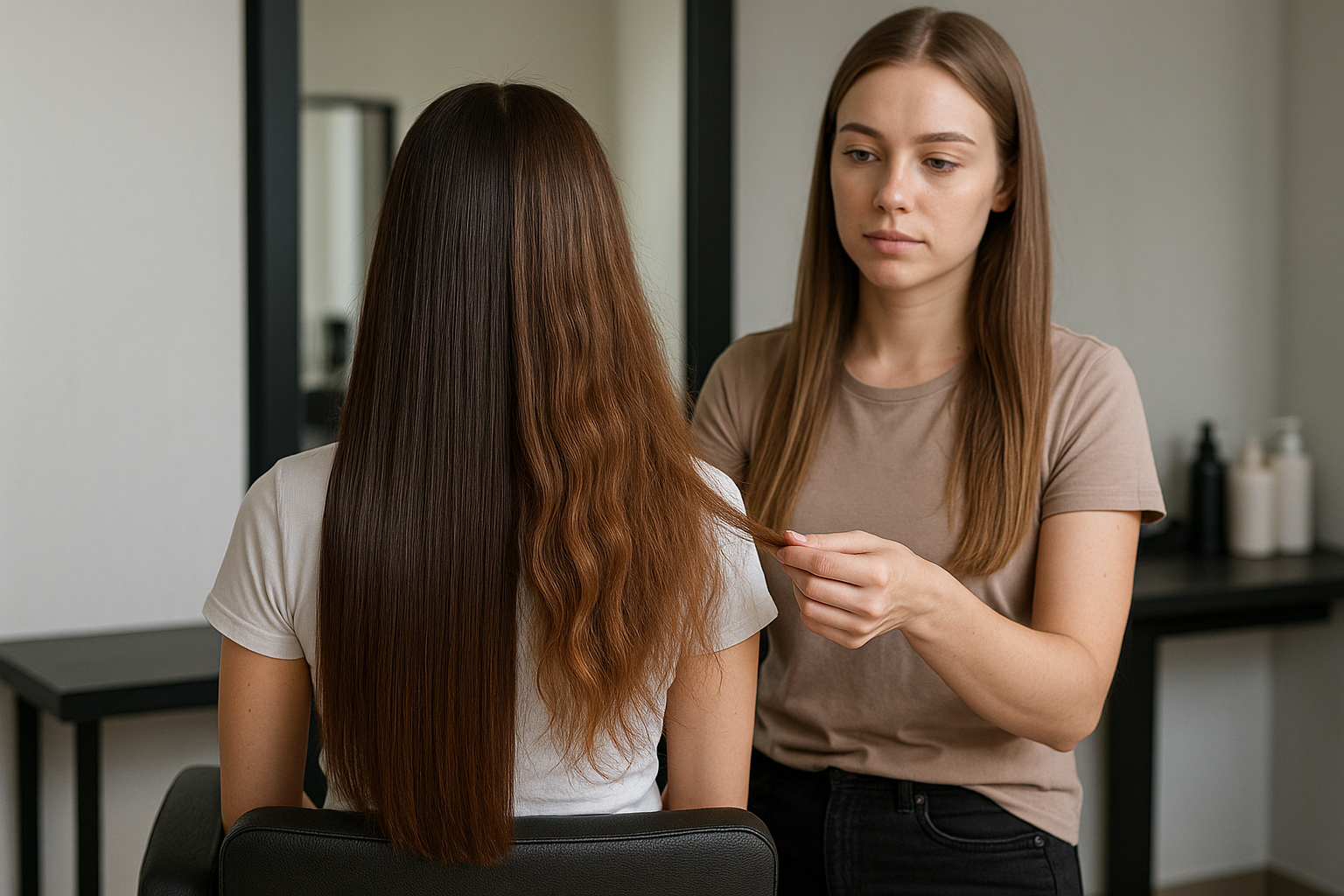 Um cabeleireiro examina o longo cabelo castanho de uma mulher sentada, observando uma diferença visível na textura entre as seções lisas e onduladas, em um salão de beleza com espelhos e prateleiras ao fundo.