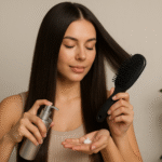 Uma mulher com cabelos longos e lisos aplica uma pequena quantidade de produto para cabelo em sua mão enquanto segura uma escova de cabelo preta. Uma planta verde é visível no plano de fundo.