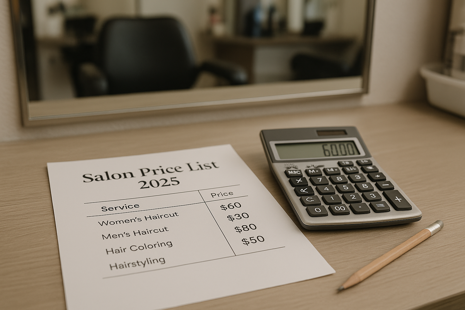 A lista de preços de um salão de beleza para 2025 está em uma mesa ao lado de uma calculadora que exibe 60000 e um lápis. A lista inclui preços para cortes de cabelo femininos e masculinos, coloração de cabelo e penteados. Há um espelho ao fundo.