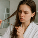 Uma mulher em um roupão de banho branco olha atentamente para uma mecha de seu cabelo molhado, esticando-a entre os dedos com uma expressão preocupada. Um banheiro com espelho e prateleiras pode ser visto ao fundo.