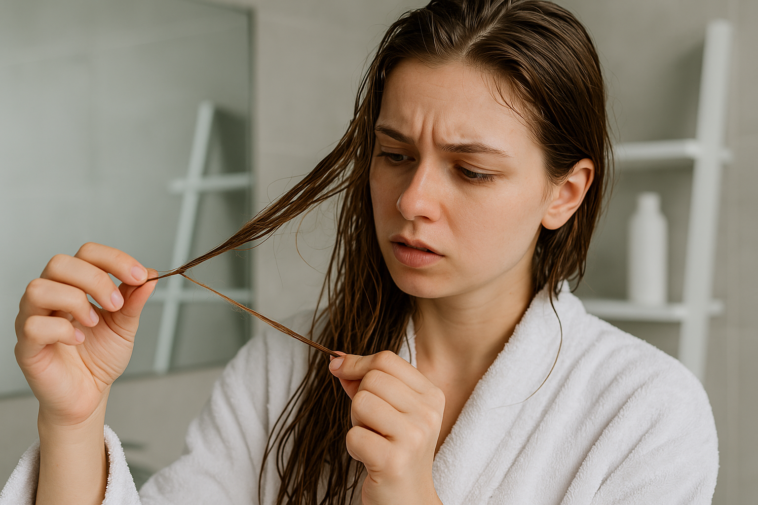 Uma mulher em um roupão de banho branco olha atentamente para uma mecha de seu cabelo molhado, esticando-a entre os dedos com uma expressão preocupada. Um banheiro com espelho e prateleiras pode ser visto ao fundo.