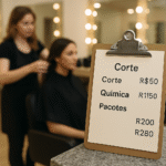 Uma cena de salão de beleza com um cabeleireiro trabalhando no cabelo de uma mulher sentada ao fundo. Em primeiro plano, uma prancheta mostra uma lista de preços em português para cortes de cabelo, tratamentos químicos e pacotes.