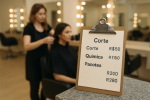 Uma cena de salão de beleza com um cabeleireiro trabalhando no cabelo de uma mulher sentada ao fundo. Em primeiro plano, uma prancheta mostra uma lista de preços em português para cortes de cabelo, tratamentos químicos e pacotes.