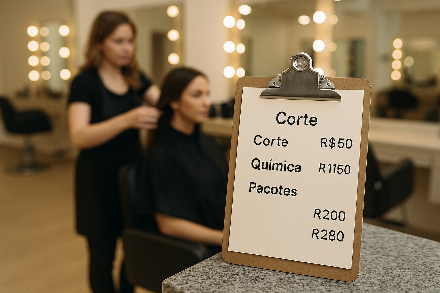 Uma cena de salão de beleza com um cabeleireiro trabalhando no cabelo de uma mulher sentada ao fundo. Em primeiro plano, uma prancheta mostra uma lista de preços em português para cortes de cabelo, tratamentos químicos e pacotes.