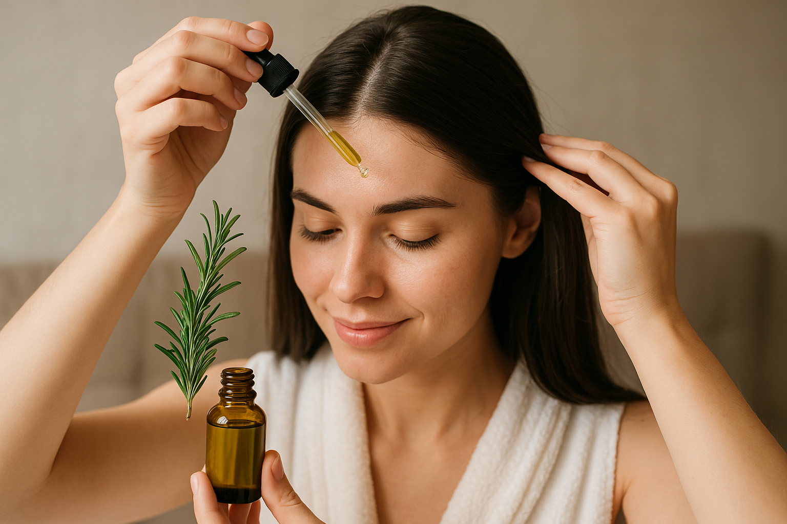 Uma mulher segura um conta-gotas acima da testa, liberando óleo de um frasco marrom. Um ramo de alecrim é mantido próximo ao frasco. Ela está em um ambiente fechado e veste uma túnica branca.