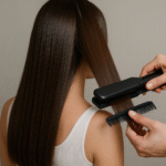 Uma pessoa com longos cabelos castanhos lisos está alisando o cabelo com uma chapinha enquanto a outra mão segura um pente preto. A pessoa está usando uma camiseta regata branca e está de costas para a câmera.