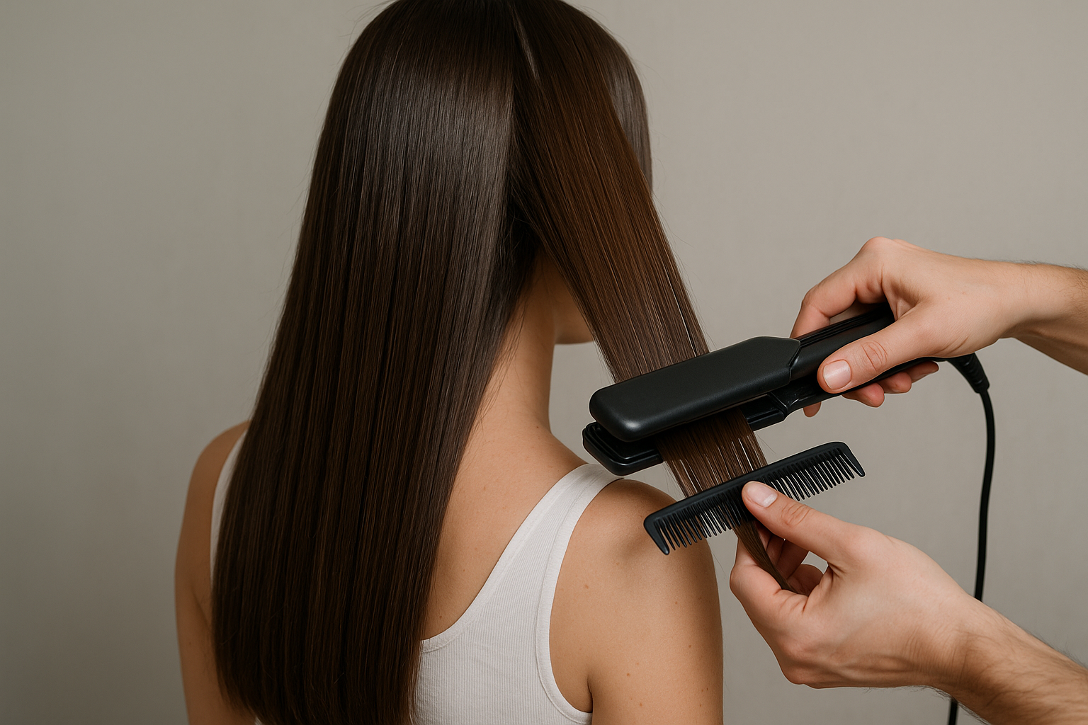 Uma pessoa com longos cabelos castanhos lisos está alisando o cabelo com uma chapinha enquanto a outra mão segura um pente preto. A pessoa está usando uma camiseta regata branca e está de costas para a câmera.