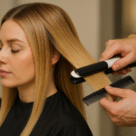 Uma pessoa com cabelo liso e loiro senta-se com os olhos fechados enquanto outra pessoa usa uma chapinha e um pente para alisar uma seção de seu cabelo. A pessoa que está recebendo o tratamento usa uma capa preta de salão.