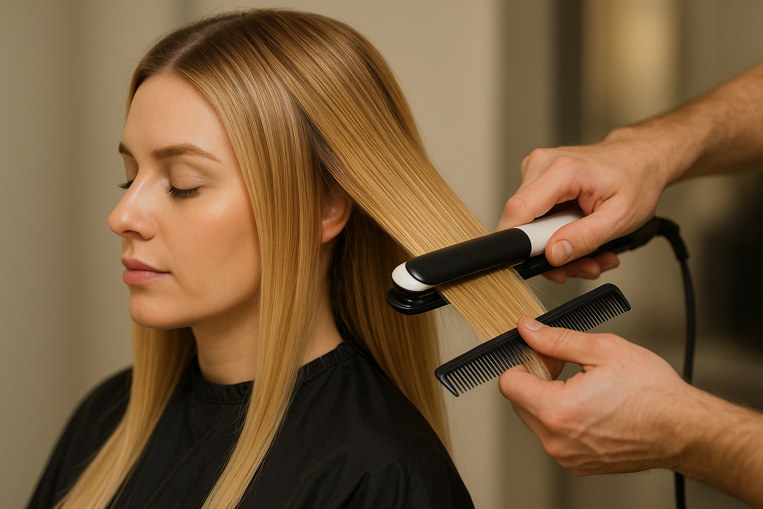 Uma pessoa com cabelo liso e loiro senta-se com os olhos fechados enquanto outra pessoa usa uma chapinha e um pente para alisar uma seção de seu cabelo. A pessoa que está recebendo o tratamento usa uma capa preta de salão.