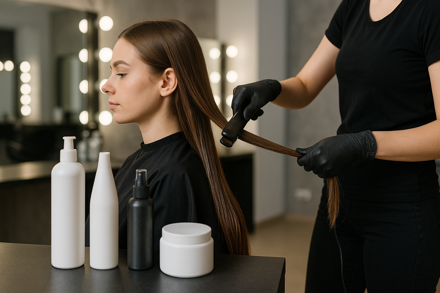 Uma pessoa com longos cabelos castanhos senta-se em uma cadeira de salão enquanto outra pessoa usando luvas pretas alisa seus cabelos. Vários frascos de produtos para cabelos estão no balcão em primeiro plano.