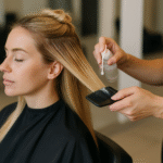Uma pessoa com longos cabelos loiros senta-se em uma cadeira de salão de beleza com os olhos fechados enquanto outra pessoa aplica um produto capilar em uma seção de seu cabelo usando um pente e um frasco de spray.
