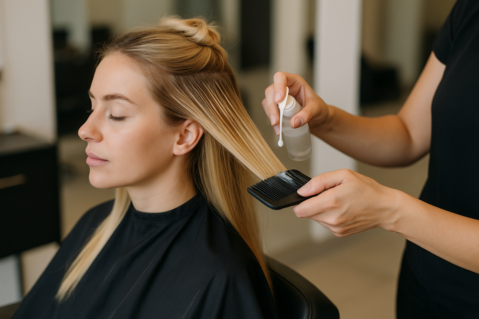 Uma pessoa com longos cabelos loiros senta-se em uma cadeira de salão de beleza com os olhos fechados enquanto outra pessoa aplica um produto capilar em uma seção de seu cabelo usando um pente e um frasco de spray.