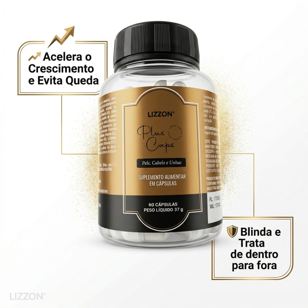 Um frasco do suplemento alimentar Lizzon Plus Caps (60 cápsulas) com um rótulo dourado e branco. O texto em português destaca benefícios como a aceleração do crescimento, a prevenção da queda de cabelo e a proteção interna.