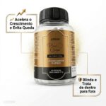 Um frasco do suplemento alimentar Lizzon Plus Caps (60 cápsulas) com um rótulo dourado e branco. O texto em português destaca benefícios como a aceleração do crescimento, a prevenção da queda de cabelo e a proteção interna.