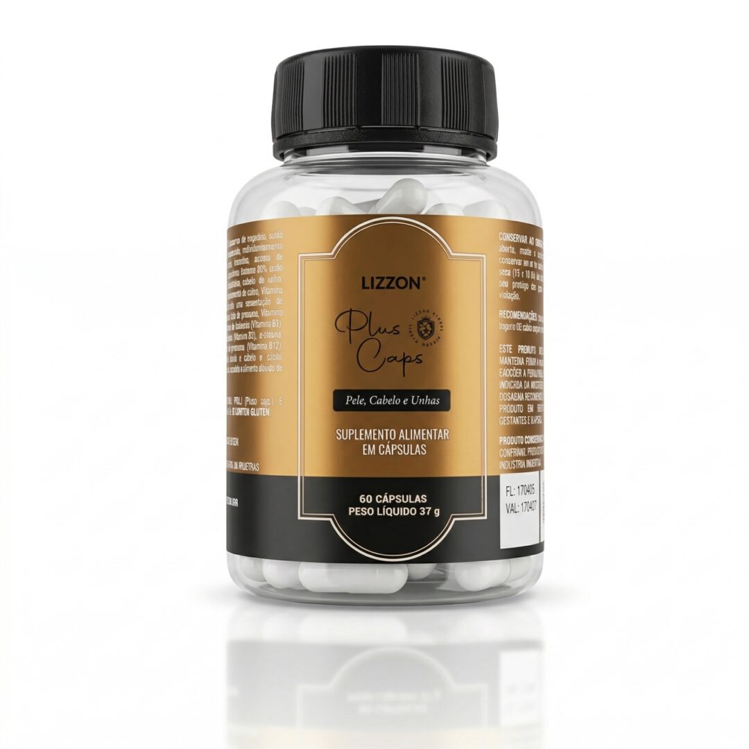 Um frasco de plástico transparente com tampa preta contém cápsulas brancas. O rótulo diz Lizzon Plus Caps (60 cápsulas), um suplemento alimentar para pele, cabelos e unhas, com peso líquido de 37g.