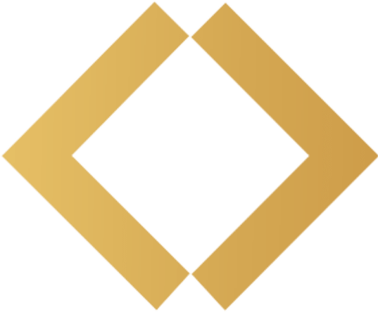 Um formato de diamante dourado formado por duas linhas grossas e separadas que se encontram em pontos nítidos, sobre um fundo cinza claro. As linhas não se tocam nos cantos, deixando pequenas lacunas.