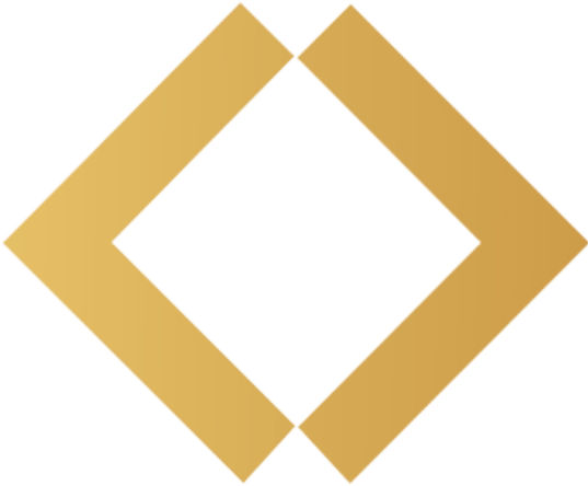 Um formato de diamante dourado formado por duas linhas grossas e separadas que se encontram em pontos nítidos, sobre um fundo cinza claro. As linhas não se tocam nos cantos, deixando pequenas lacunas.